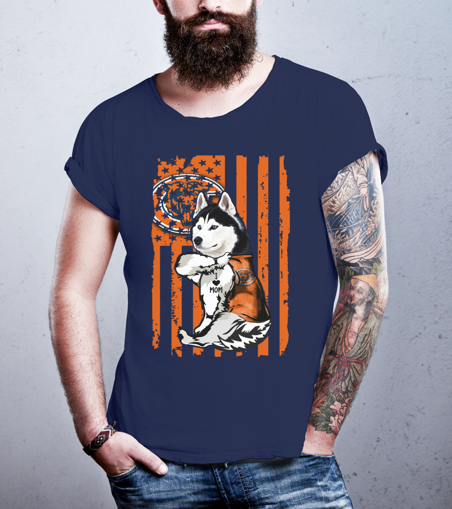 Siberian Husky Chicago Bears I Love Mom Flag T-Shirt