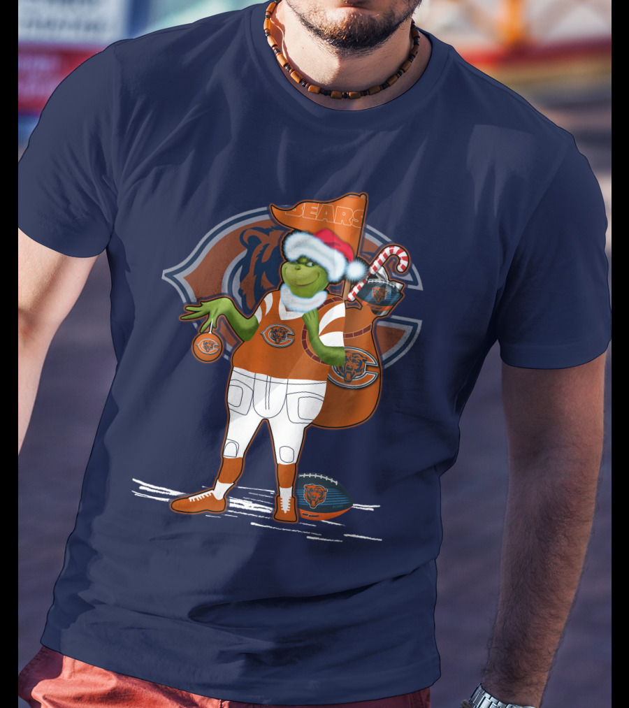 Grinchxmas Chicago Bears Holiday Football Fest With Bear In Santa Hat Holding Candy Cane And Ornament T-Shirt