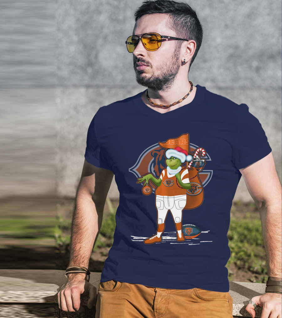 Grinchxmas Chicago Bears Holiday Football Fest With Bear In Santa Hat Holding Candy Cane And Ornament T-Shirt