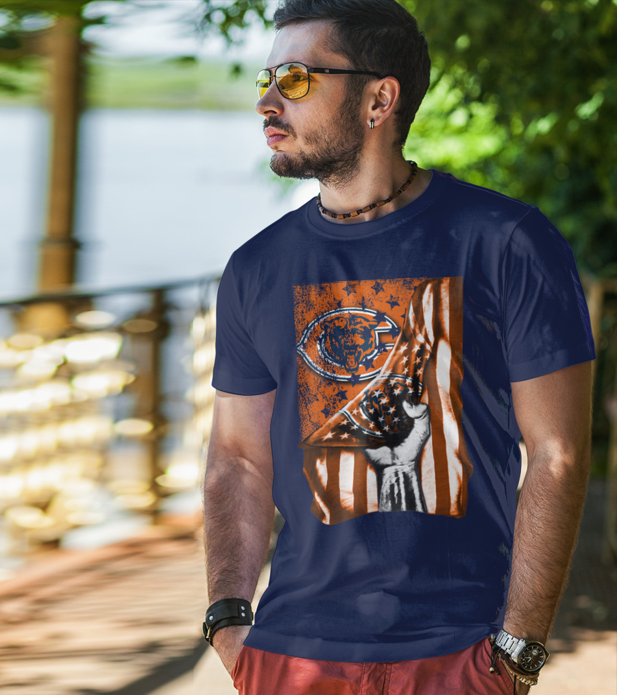 Hand Lifting American Flag Over CHICAGO BEARS T-Shirt