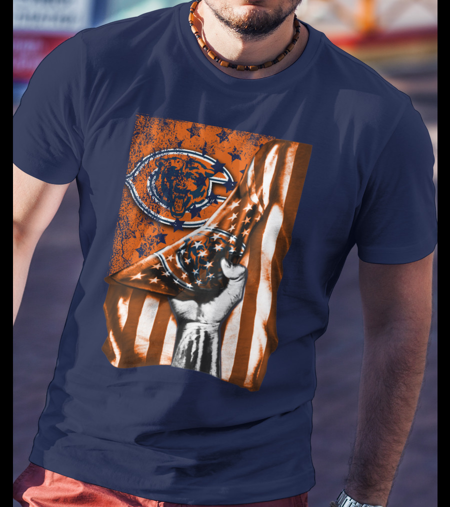Hand Lifting American Flag Over CHICAGO BEARS T-Shirt
