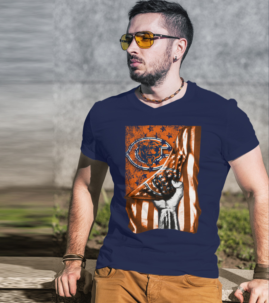 Hand Lifting American Flag Over CHICAGO BEARS T-Shirt