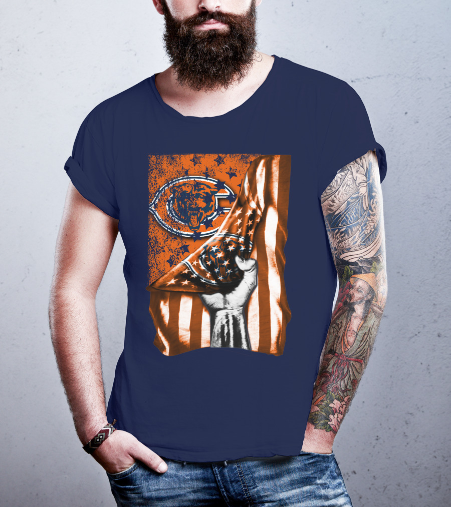 Hand Lifting American Flag Over CHICAGO BEARS T-Shirt