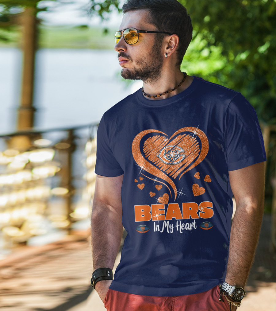 Bears In My Heart Chicago Bears Sparkling Hearts Navy Blue T-Shirt