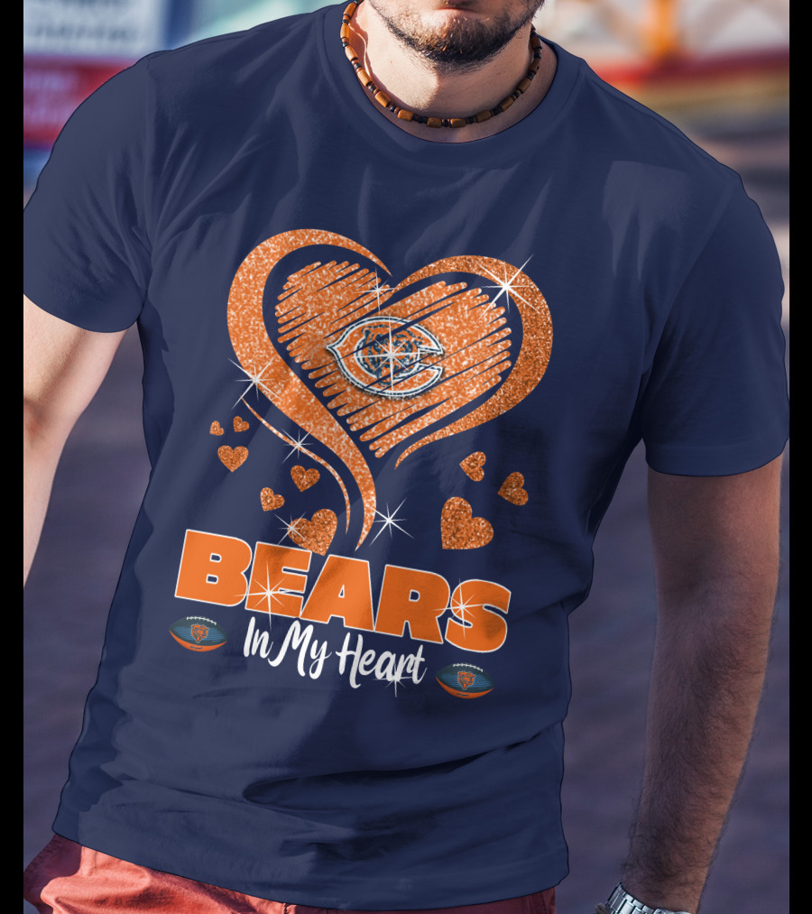 Bears In My Heart Chicago Bears Sparkling Hearts Navy Blue T-Shirt