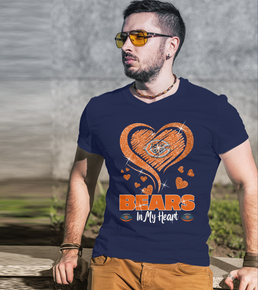 Bears In My Heart Chicago Bears Sparkling Hearts Navy Blue T-Shirt