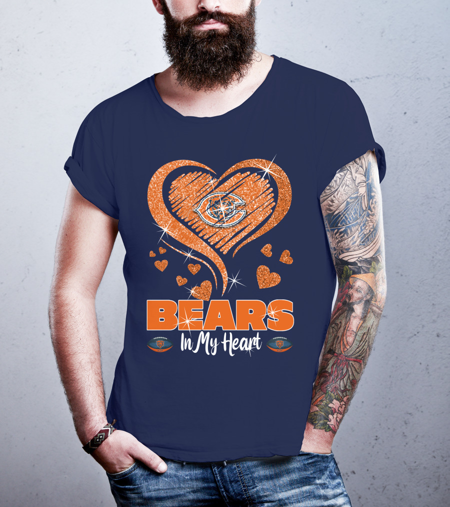 Bears In My Heart Chicago Bears Sparkling Hearts Navy Blue T-Shirt