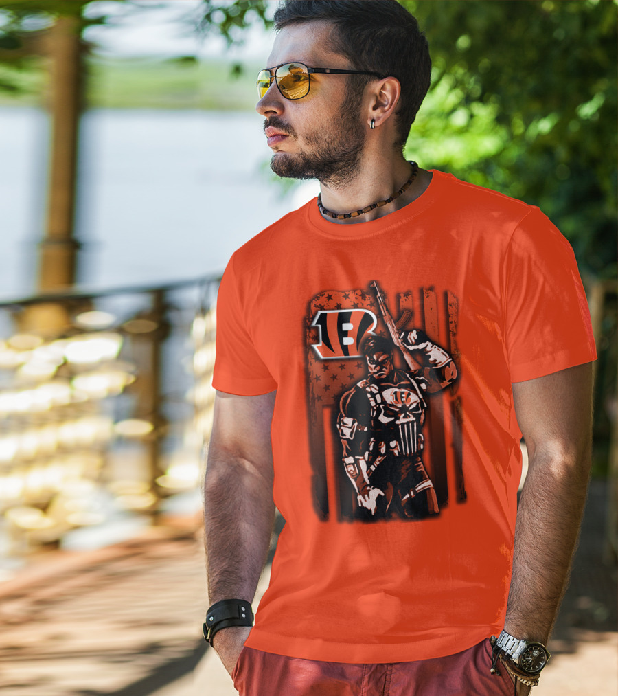 Cincinnati Bengals Punisher American Flag Retro Style T-Shirt