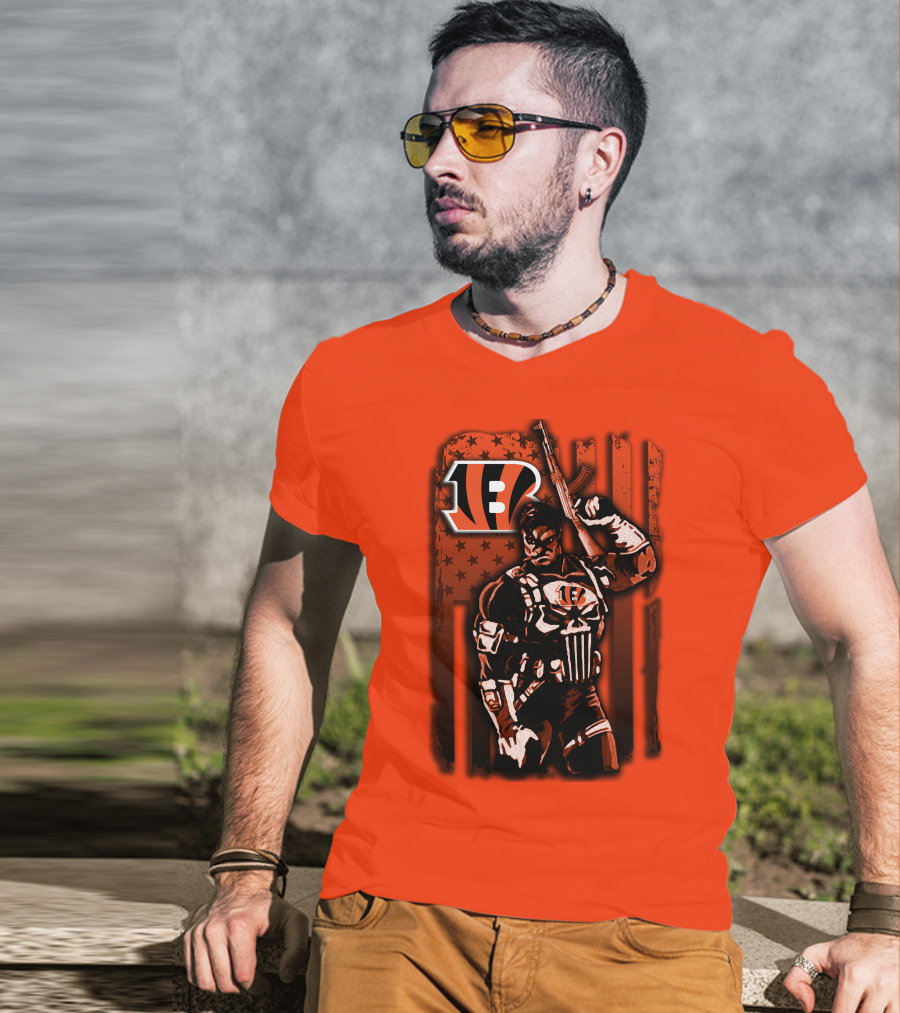 Cincinnati Bengals Punisher American Flag Retro Style T-Shirt