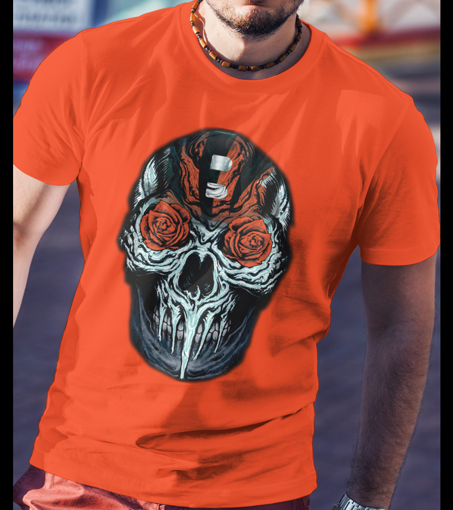 Cincinnati Bengals 34 Skull Helmet With Roses T-Shirt