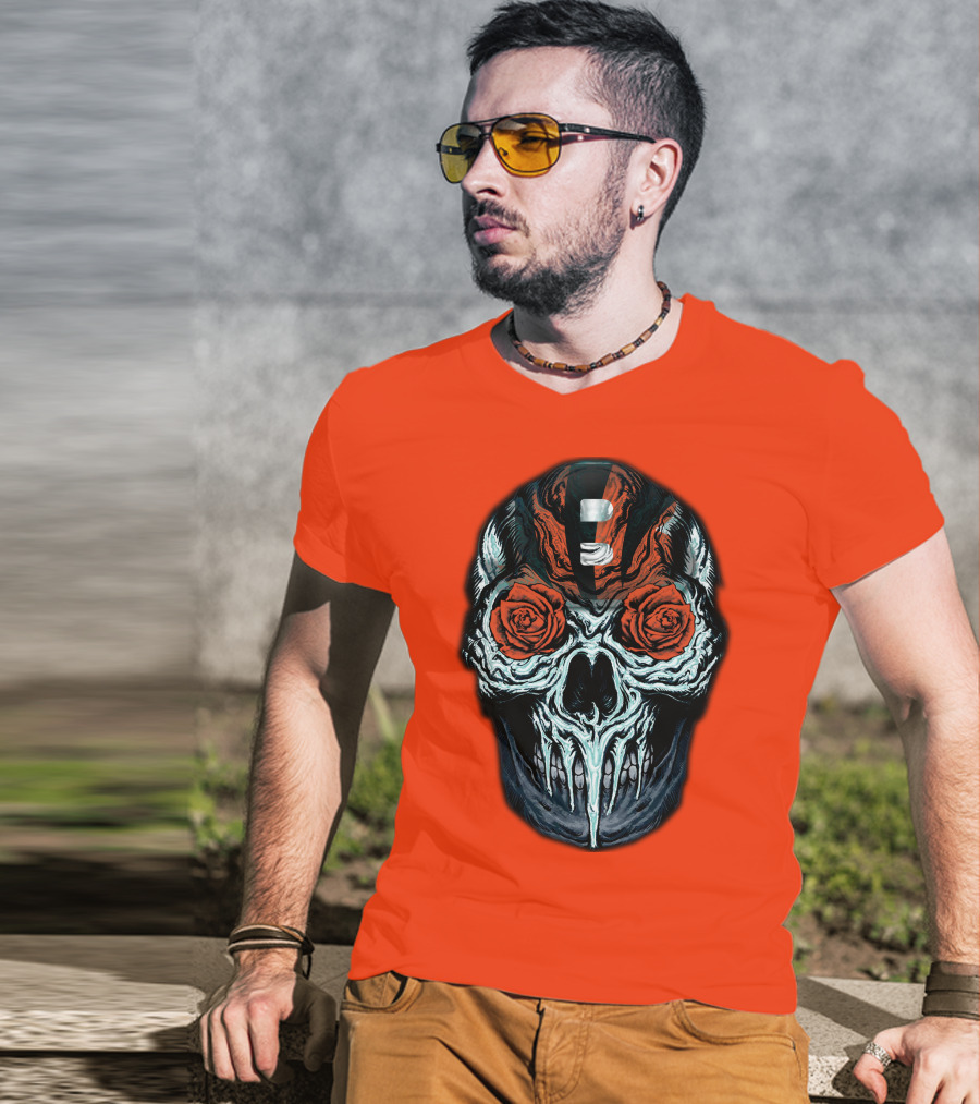 Cincinnati Bengals 34 Skull Helmet With Roses T-Shirt