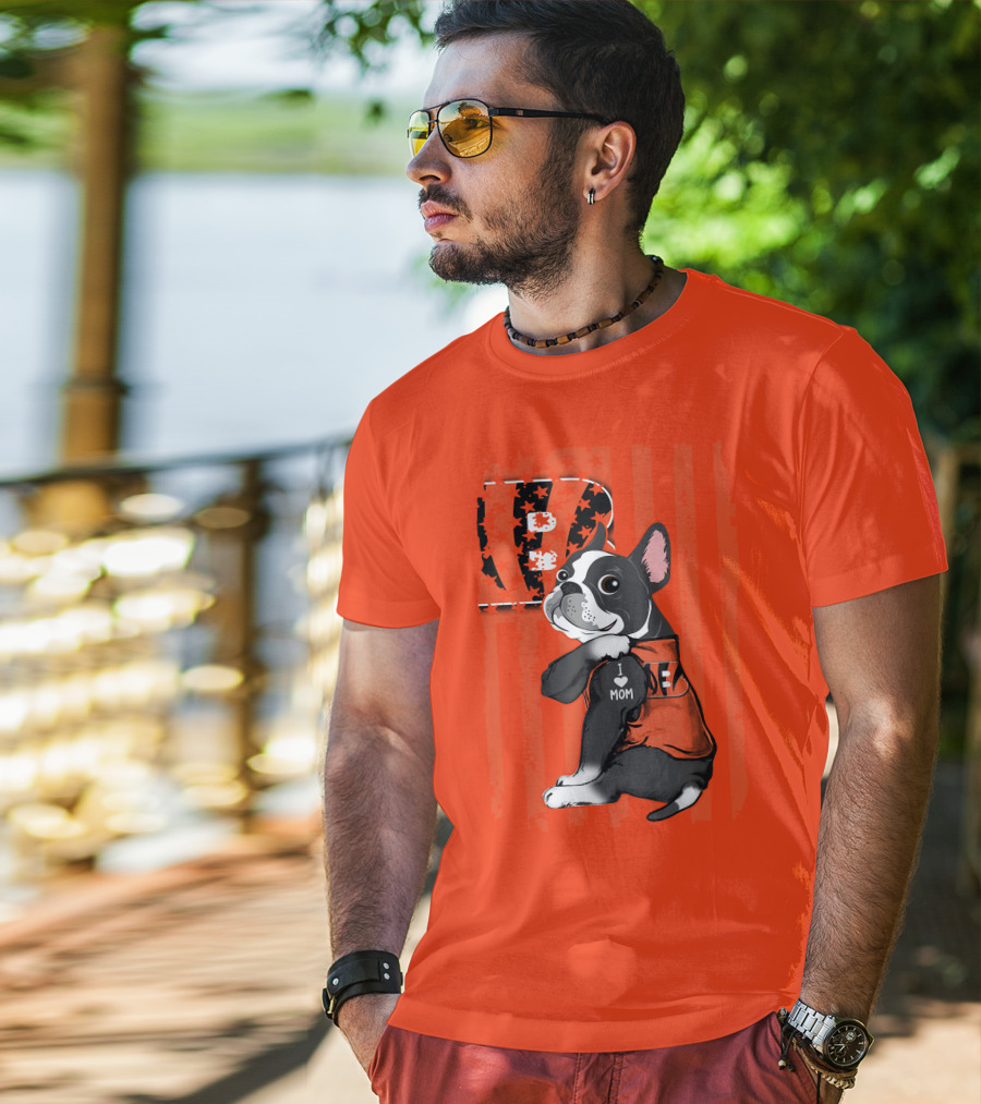 Boston Terrier Cincinnati Bengals B Stripes I Love Mom Football Fan Dog T-Shirt