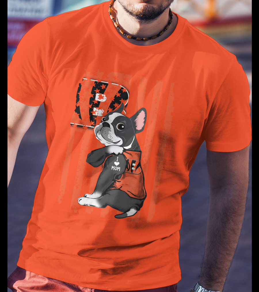 Boston Terrier Cincinnati Bengals B Stripes I Love Mom Football Fan Dog T-Shirt