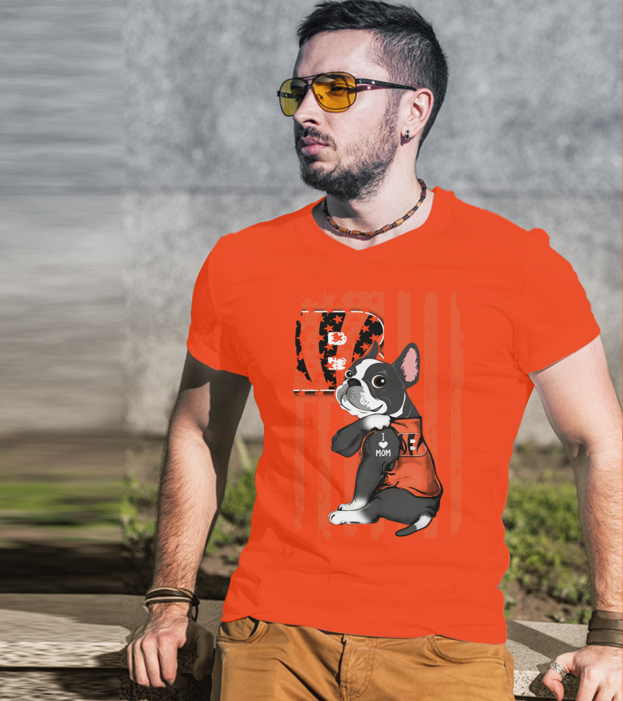 Boston Terrier Cincinnati Bengals B Stripes I Love Mom Football Fan Dog T-Shirt