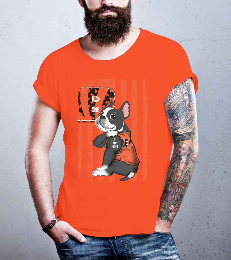 Boston Terrier Cincinnati Bengals B Stripes I Love Mom Football Fan Dog T-Shirt