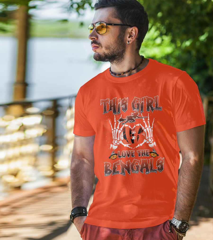This Girl Love The Bengals Halloween Skeleton Hands And Pumpkins T-Shirt