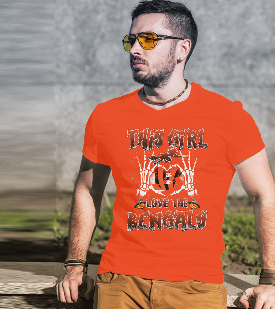 This Girl Love The Bengals Halloween Skeleton Hands And Pumpkins T-Shirt