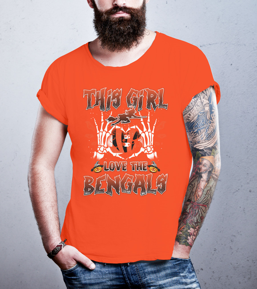 This Girl Love The Bengals Halloween Skeleton Hands And Pumpkins T-Shirt