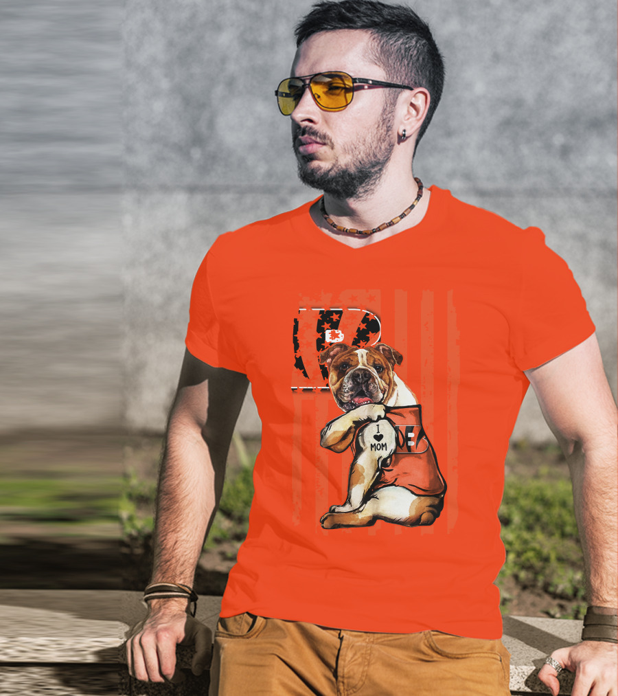 Bulldog Cincinnati Bengals I Love Mom Orange Stripes T-Shirt