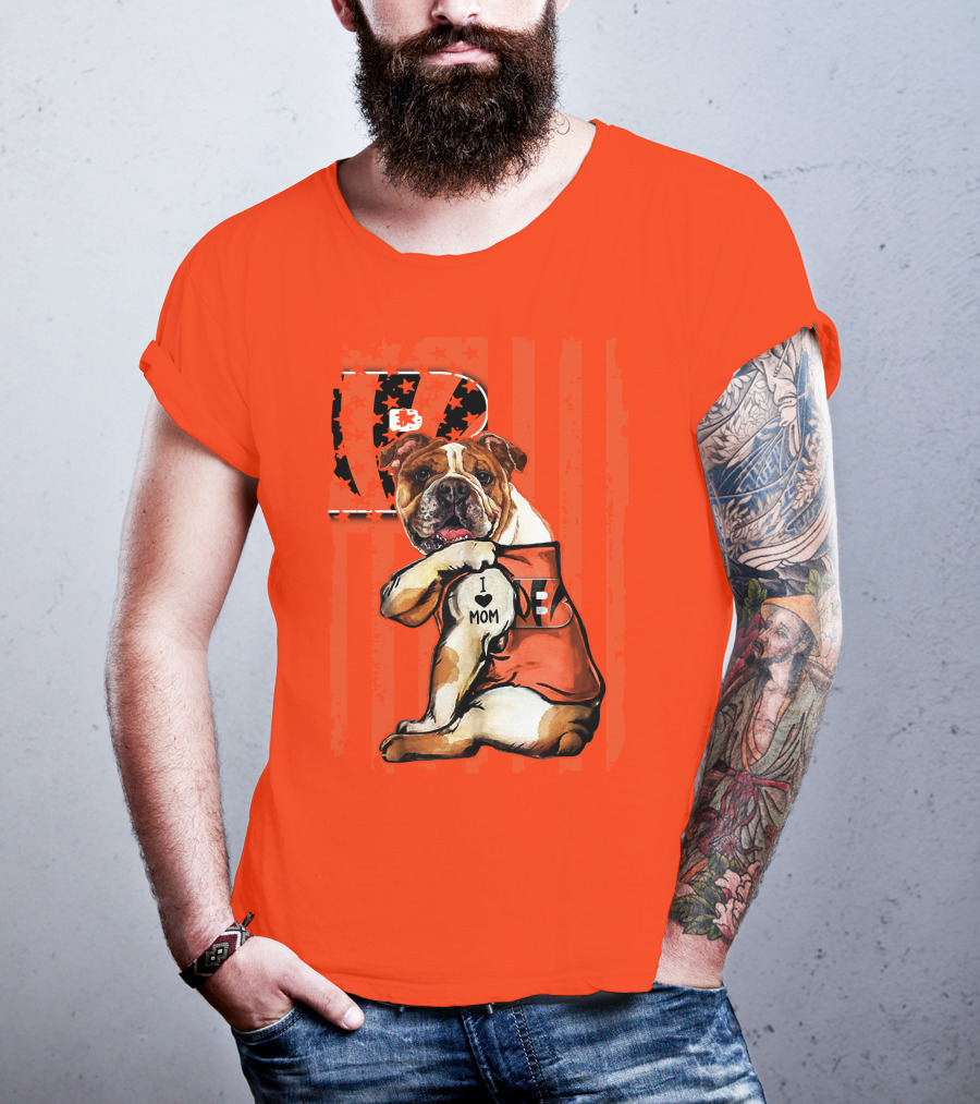 Bulldog Cincinnati Bengals I Love Mom Orange Stripes T-Shirt