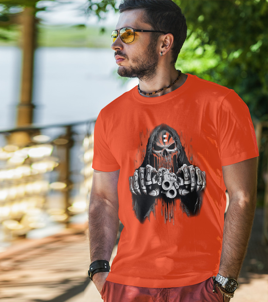 Cincinnati Bengals 41 Skeleton Skull With Guns T-Shirt