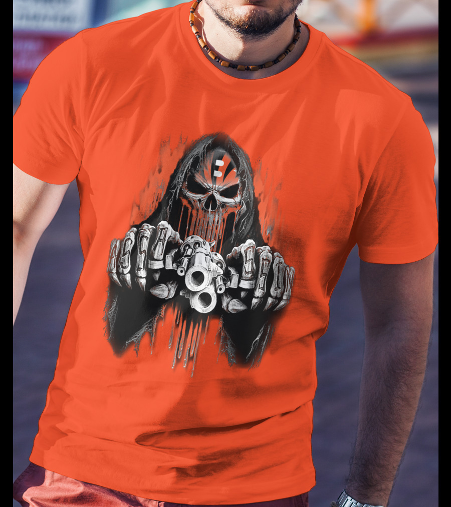 Cincinnati Bengals 41 Skeleton Skull With Guns T-Shirt