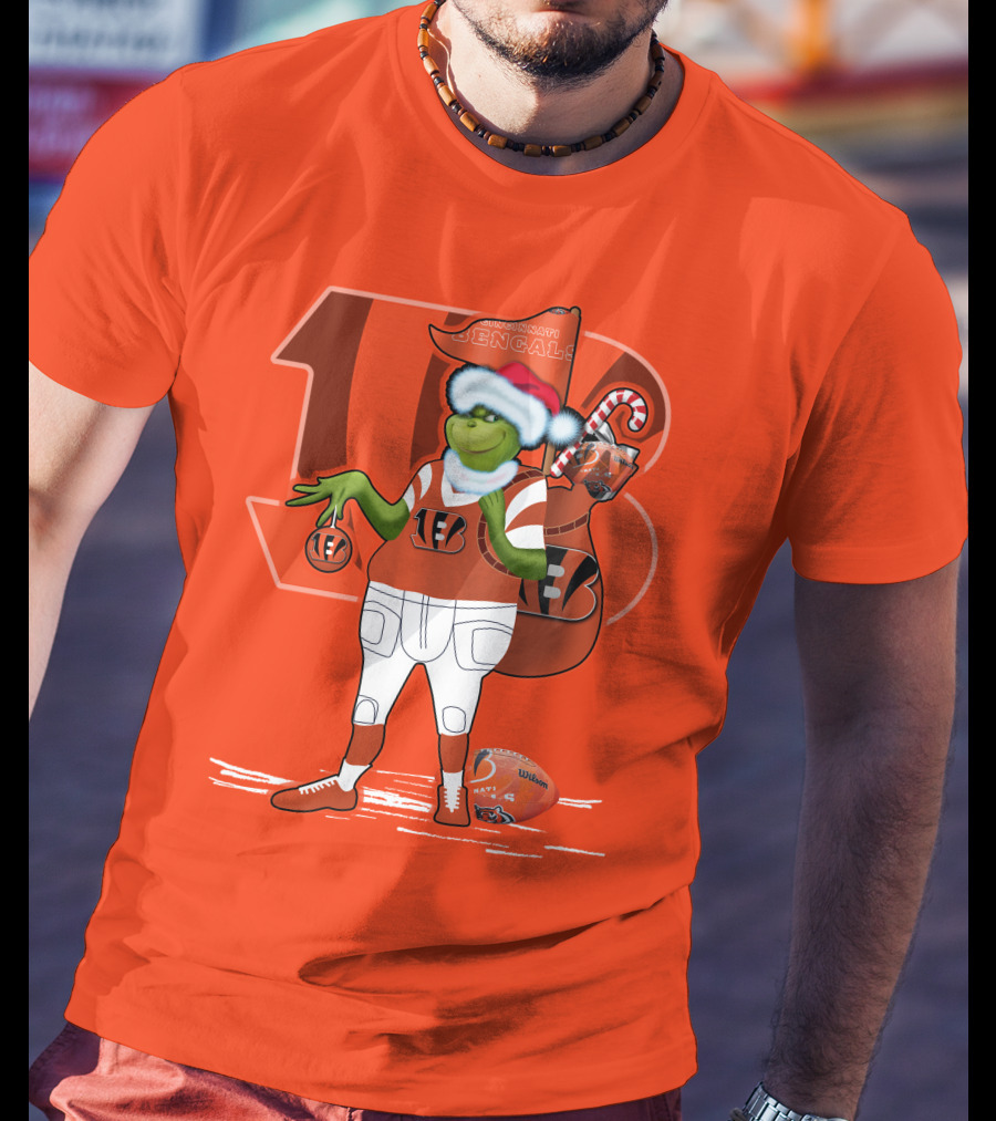 Cincinnati Bengals Grinch Christmas Football Santa Hat Orange T-Shirt
