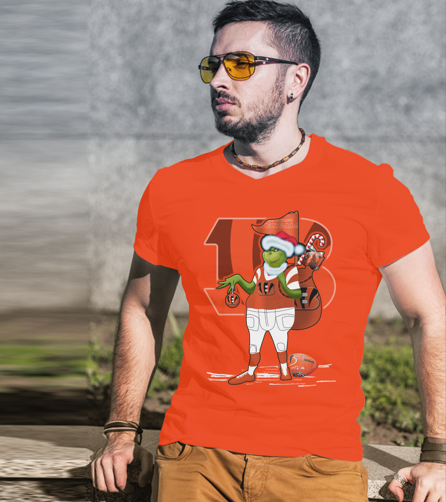 Cincinnati Bengals Grinch Christmas Football Santa Hat Orange T-Shirt