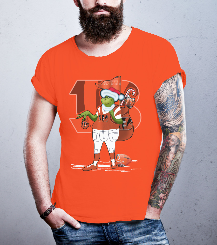Cincinnati Bengals Grinch Christmas Football Santa Hat Orange T-Shirt