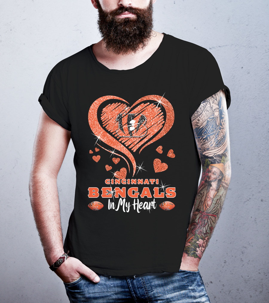 Cincinnati Bengals In My Heart Sparkling Heart Design With Glitter And Football Elements T-Shirt
