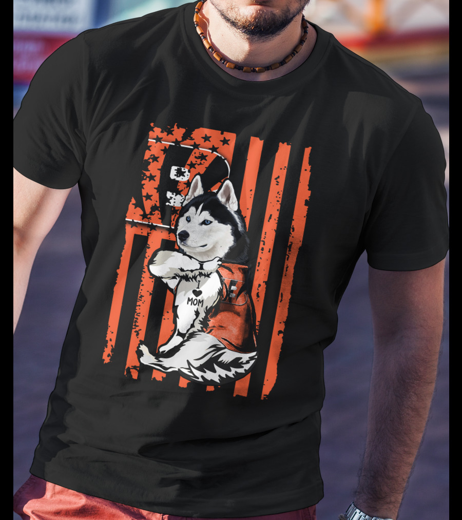 Siberian Husky In Cincinnati Bengals Jersey With I Heart Mom Tattoo On American Flag Background T-Shirt