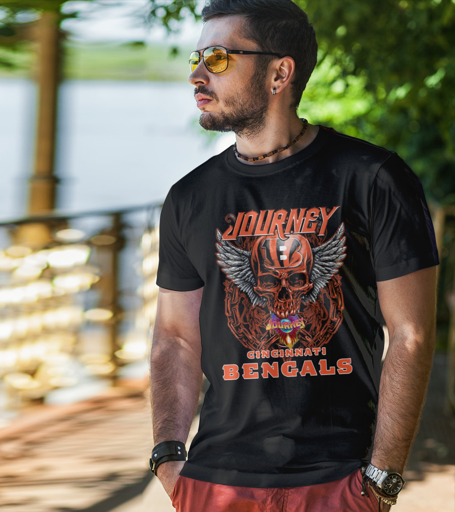 JOURNEY CINCINNATI BENGALS Skull Helmet Wings Chains Flame T-Shirt