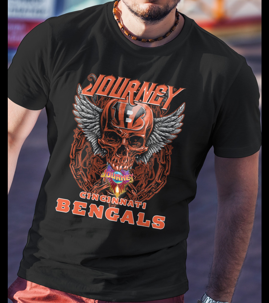 JOURNEY CINCINNATI BENGALS Skull Helmet Wings Chains Flame T-Shirt