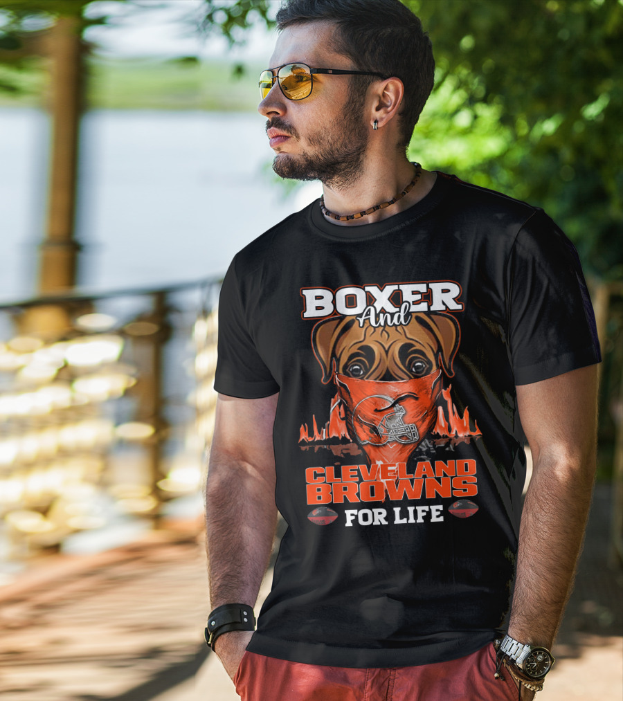 Boxer And Cleveland Browns For Life Dog Helmet Fan Flame T-Shirt