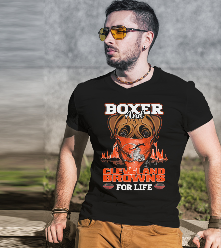 Boxer And Cleveland Browns For Life Dog Helmet Fan Flame T-Shirt
