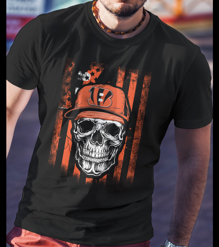 Skull Cincinnati Bengals Logo Hat With Stripes Background T-Shirt