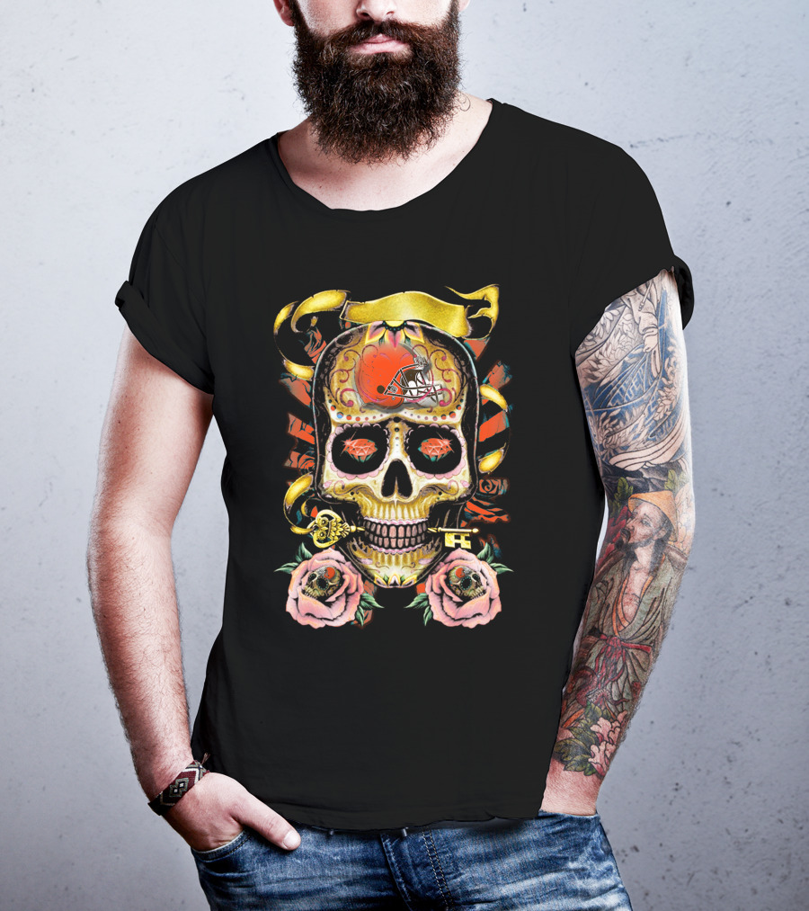 Cleveland Browns Sugar Skull Helmet Roses T-Shirt