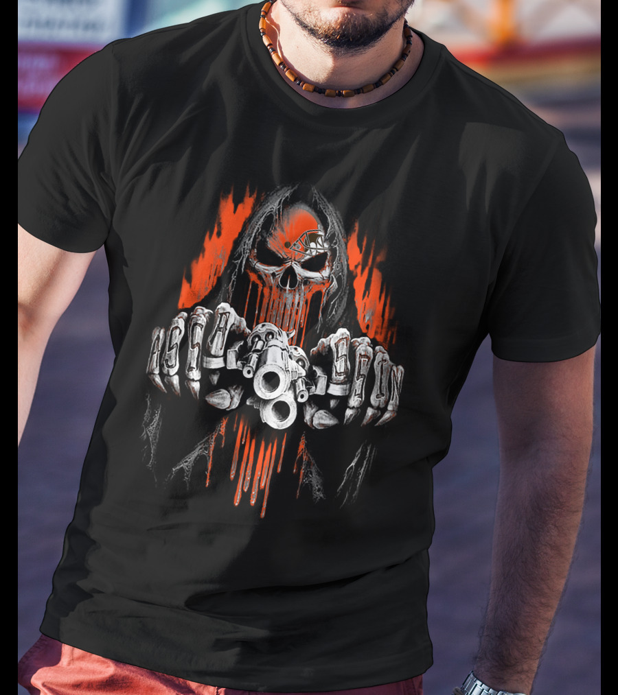Cleveland Browns 52 Skull Grinning Reaper With Cleveland Helmet And Orange Flames T-Shirt