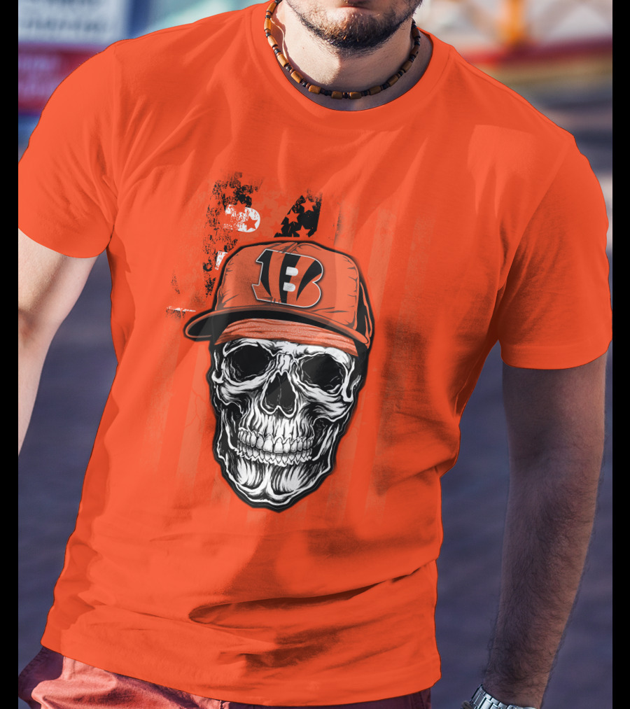 Skull V1 Cincinnati Bengals Hat American Flag Stripes T-Shirt