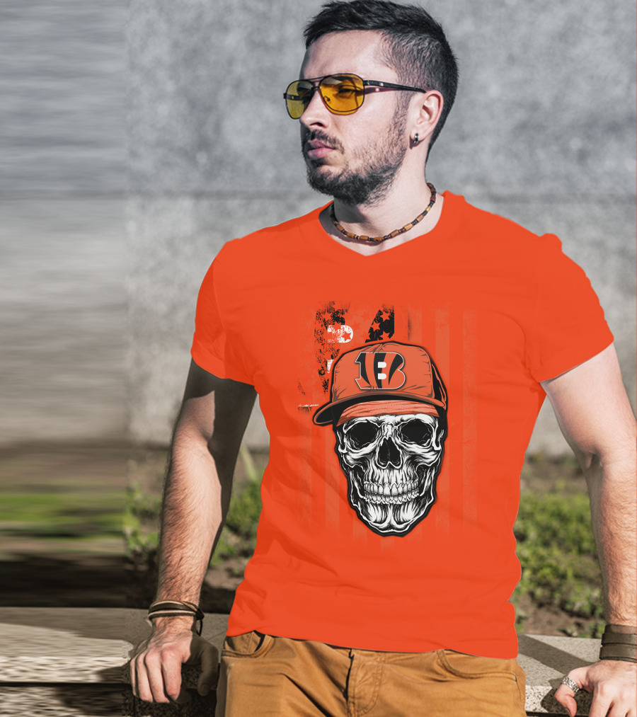 Skull V1 Cincinnati Bengals Hat American Flag Stripes T-Shirt