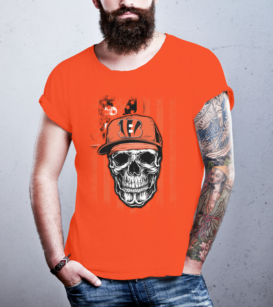 Skull V1 Cincinnati Bengals Hat American Flag Stripes T-Shirt