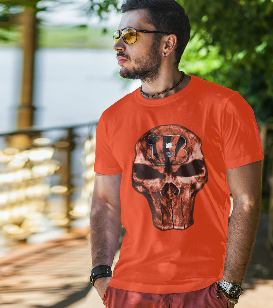 Skull Cincinnati Bengals Logo On Bold Orange T-Shirt