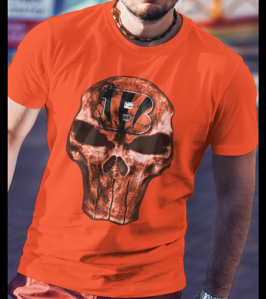 Skull Cincinnati Bengals Logo On Bold Orange T-Shirt