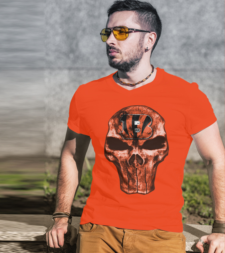 Skull Cincinnati Bengals Logo On Bold Orange T-Shirt