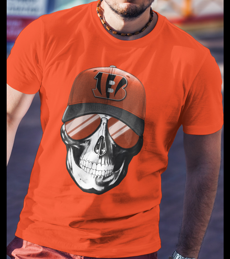 Cincinnati Bengals Skull With Team Logo Hat And Sunglasses T-Shirt