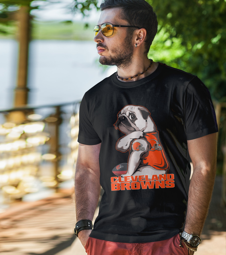 Cleveland Browns Pug In Orange Jersey With Football And Helmet T-Shirt