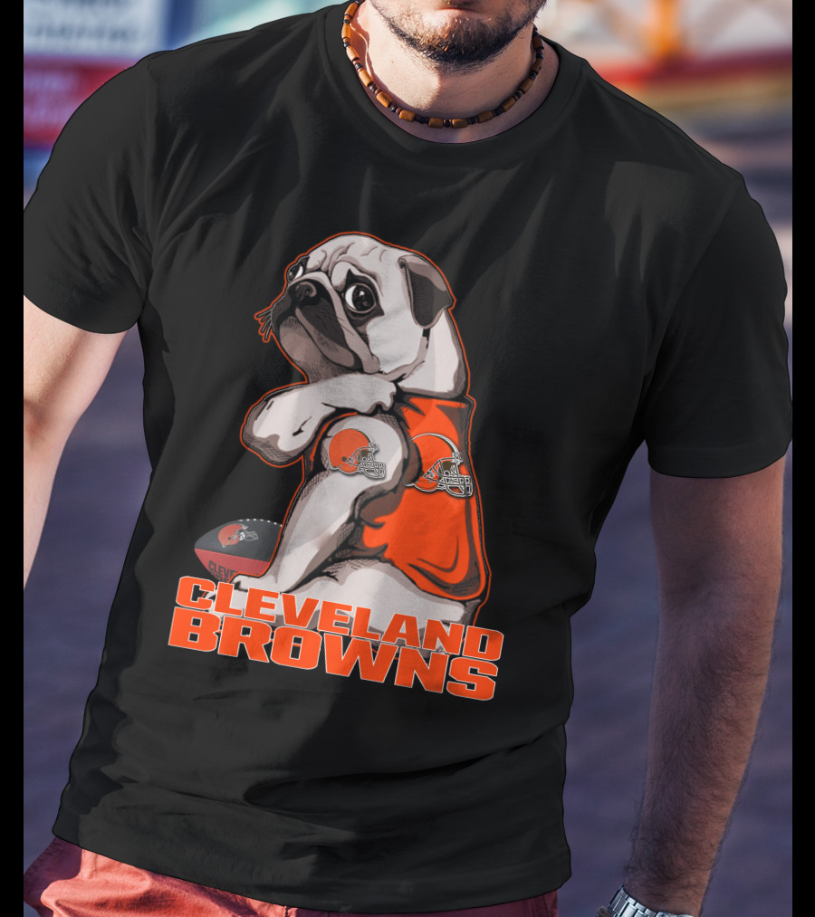 Cleveland Browns Pug In Orange Jersey With Football And Helmet T-Shirt