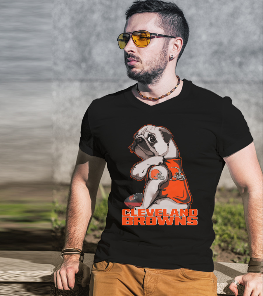 Cleveland Browns Pug In Orange Jersey With Football And Helmet T-Shirt