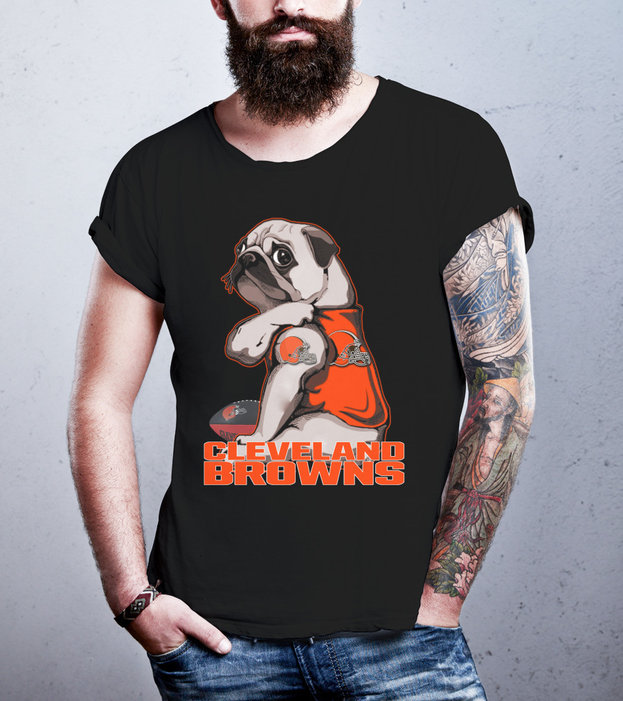 Cleveland Browns Pug In Orange Jersey With Football And Helmet T-Shirt