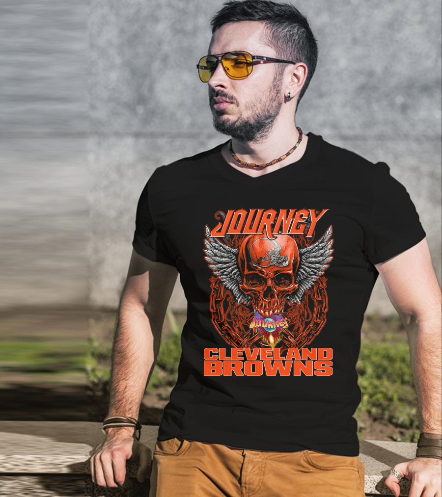 JOURNEY Winged Flaming Skull CLEVELAND BROWNS Football Helmet T-Shirt